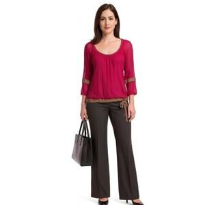 Lucky Brand Pink Long Sleeve Sheer Silk Brown Trim Tie Boho Blouse Size Large‎